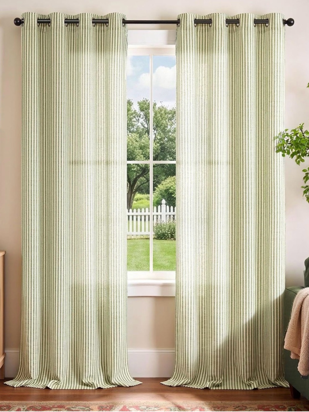 Light Sage Stripe Grommet Window Curtains - Home 90’